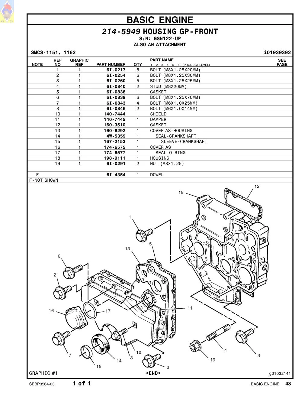 6I-0291 NUT (M8X1.25) · S/N GSN122-UP CAT parts manual diagram