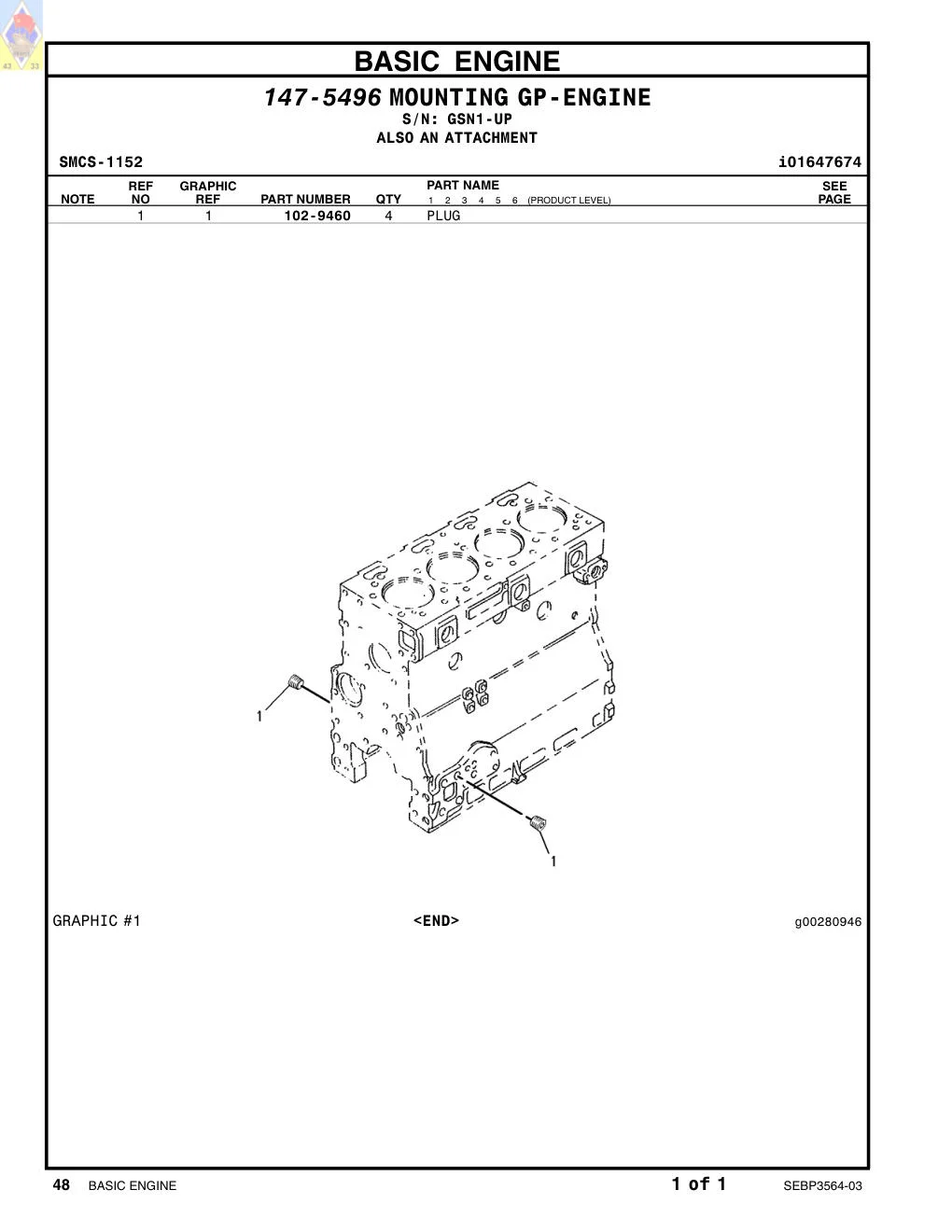 102-9460 PLUG · S/N GSN1-UP CAT parts manual diagram