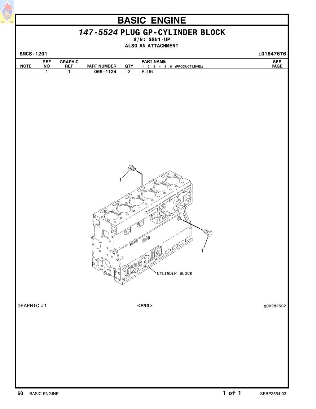 069-1124 PLUG · S/N GSN1-UP CAT parts manual diagram
