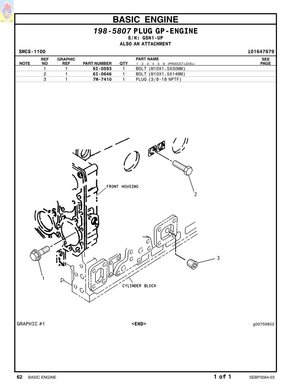 6I-0646 BOLT (M10X1.5X14MM) · S/N GSN1-UP CAT parts manual diagram