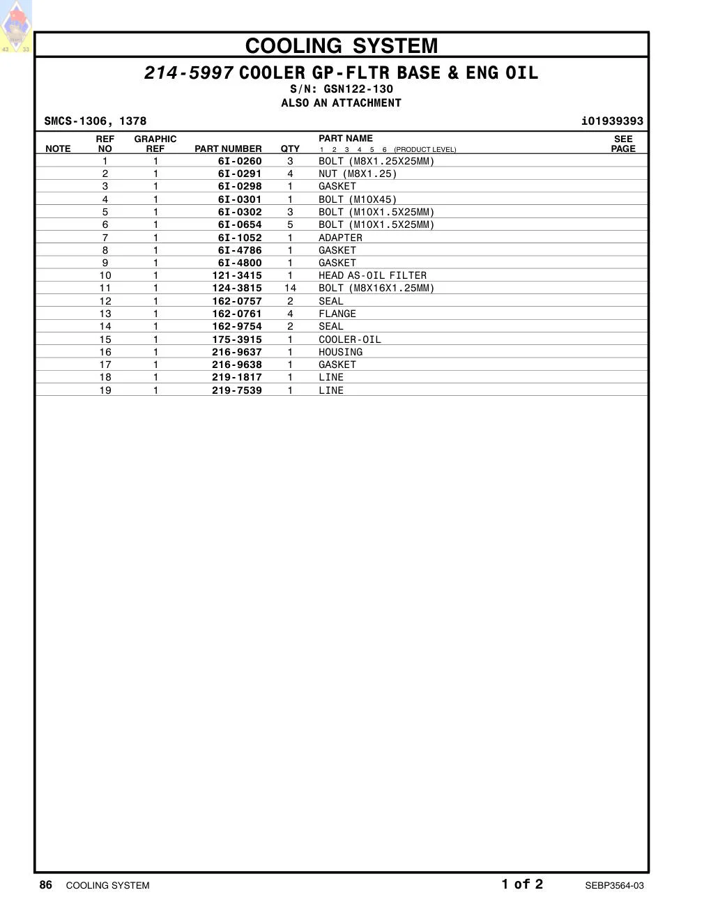 216-9638 GASKET · S/N GSN122-130 CAT parts manual diagram