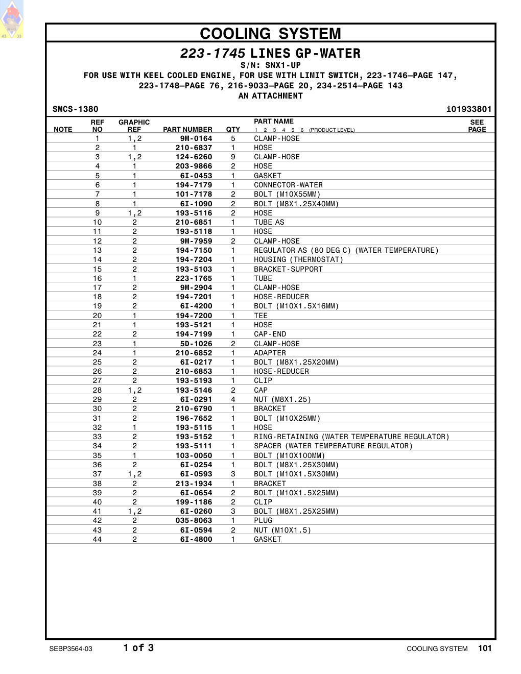 223-1765 TUBE · S/N SNX1-UP CAT parts manual diagram