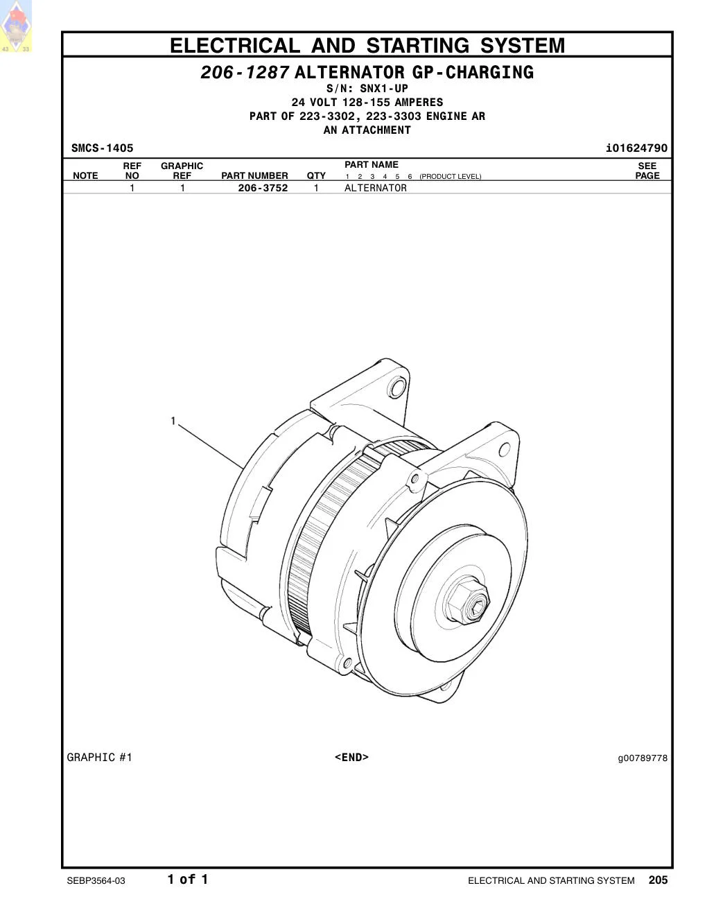 206-3752 ALTERNATOR · S/N SNX1-UP CAT parts manual diagram