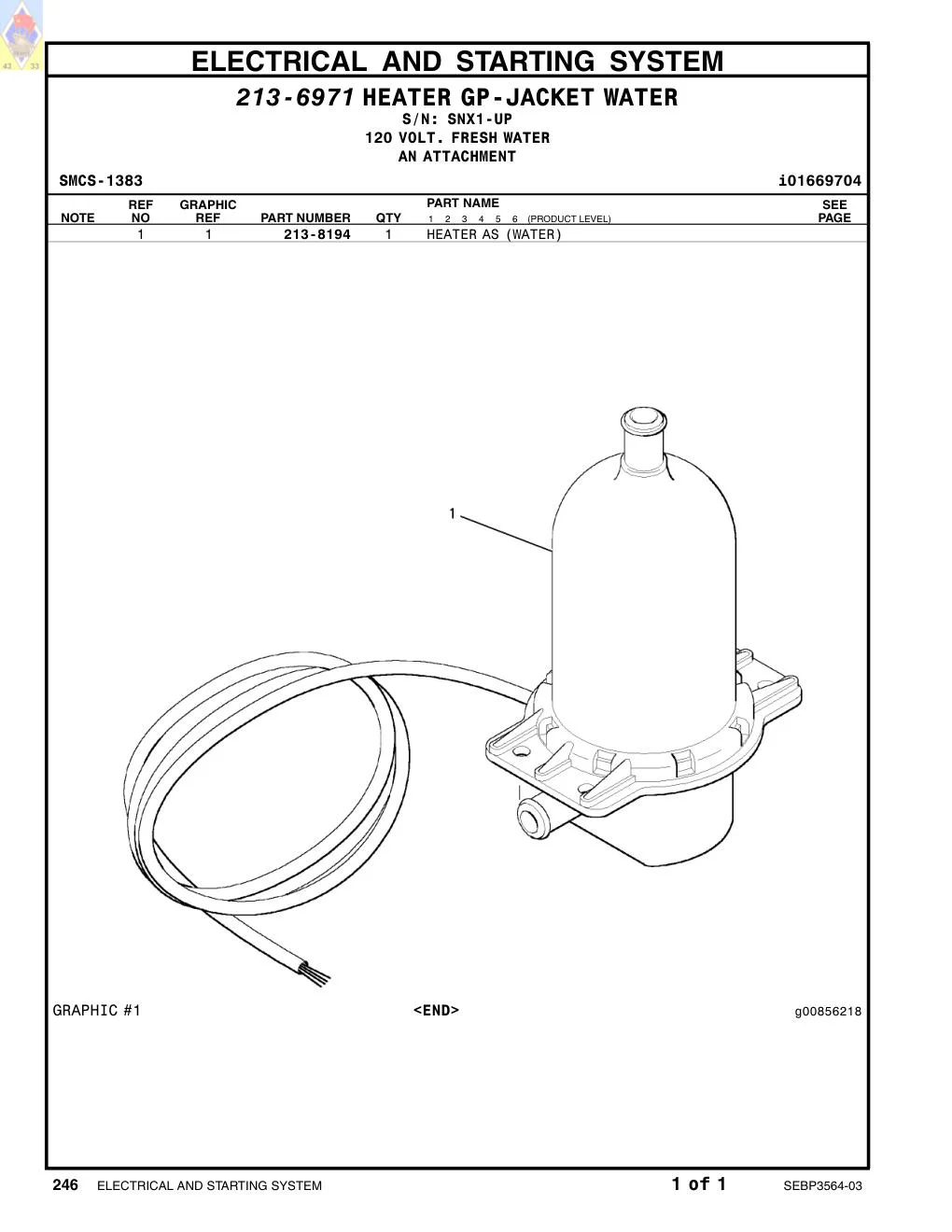 213-8194 HEATER AS (WATER) · S/N SNX1-UP CAT parts manual diagram