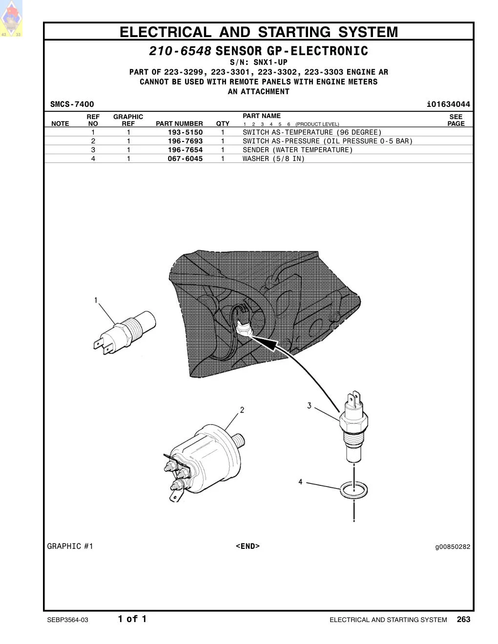 196-7693 SWITCH AS-PRESSURE (OIL PRESSURE 0-5 BAR) · S/N SNX1-UP CAT parts manual diagram
