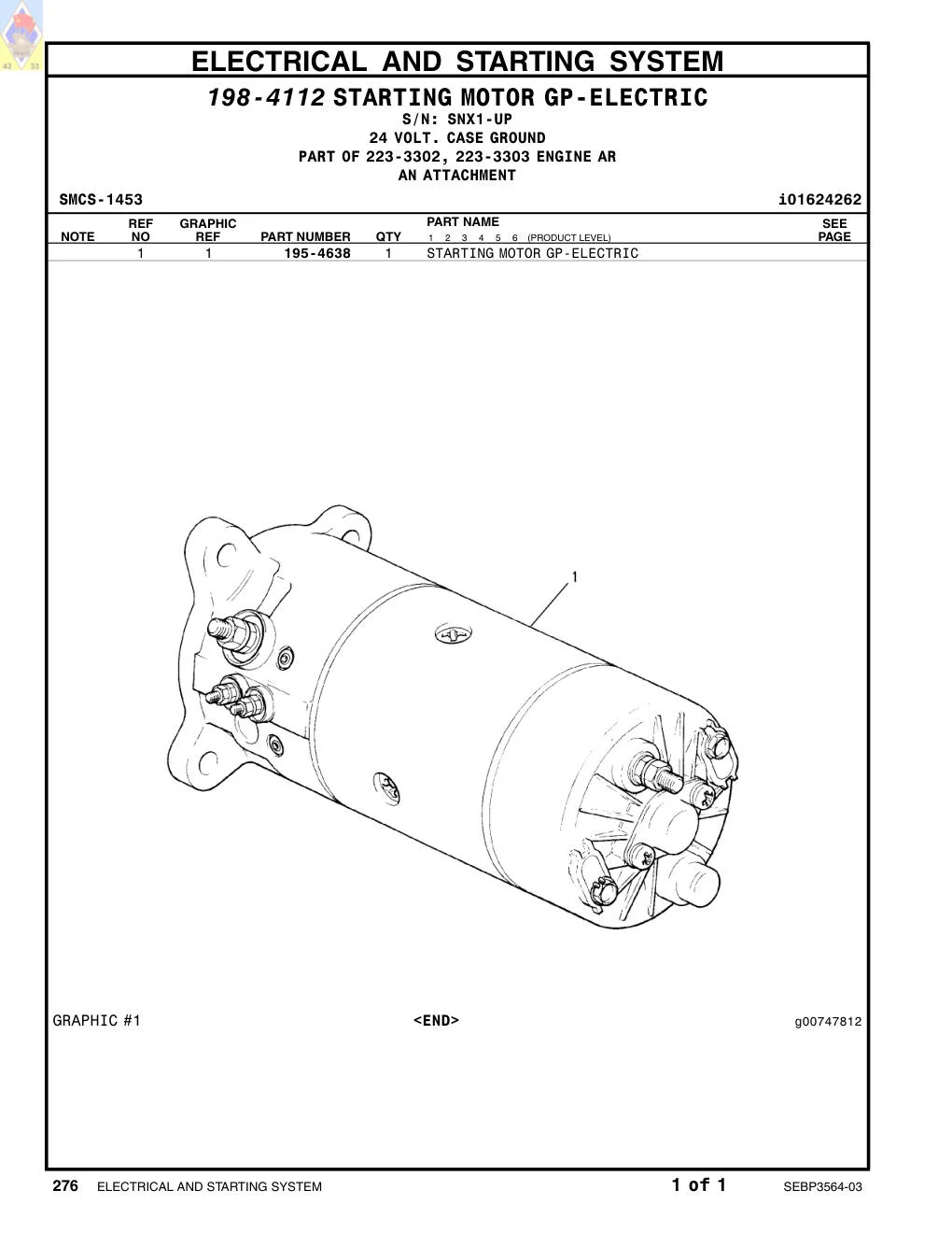 195-4638 STARTING MOTOR GP-ELECTRIC · S/N SNX1-UP CAT parts manual diagram