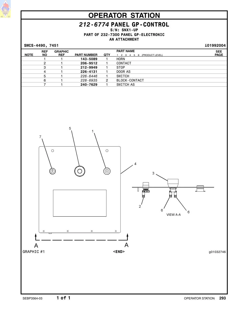 240-7629 SWITCH AS · S/N SNX1-UP CAT parts manual diagram