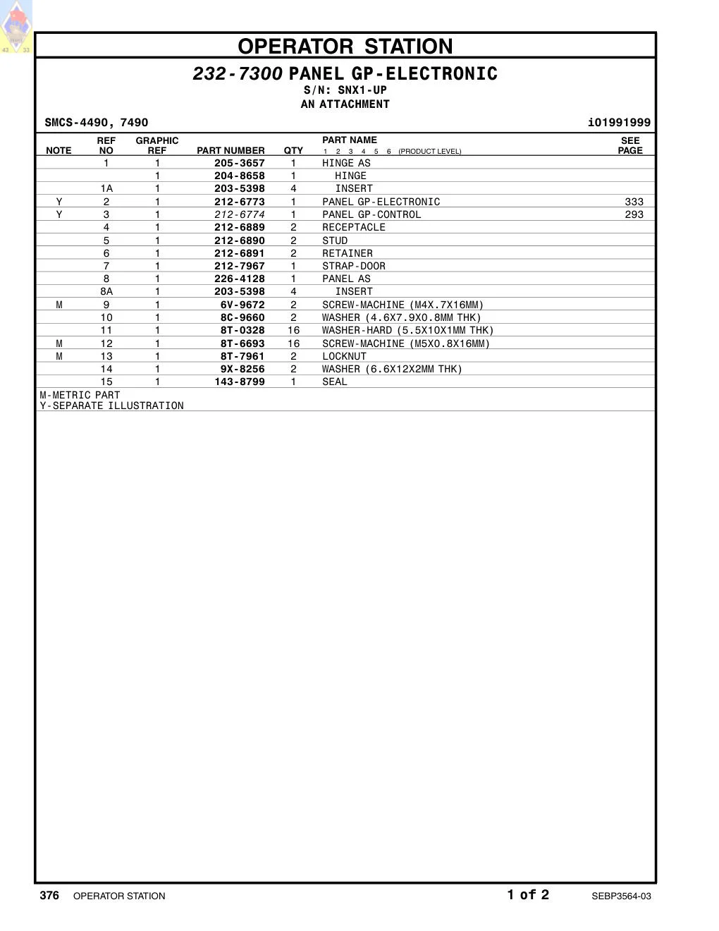 226-4128 PANEL AS · S/N SNX1-UP CAT parts manual diagram