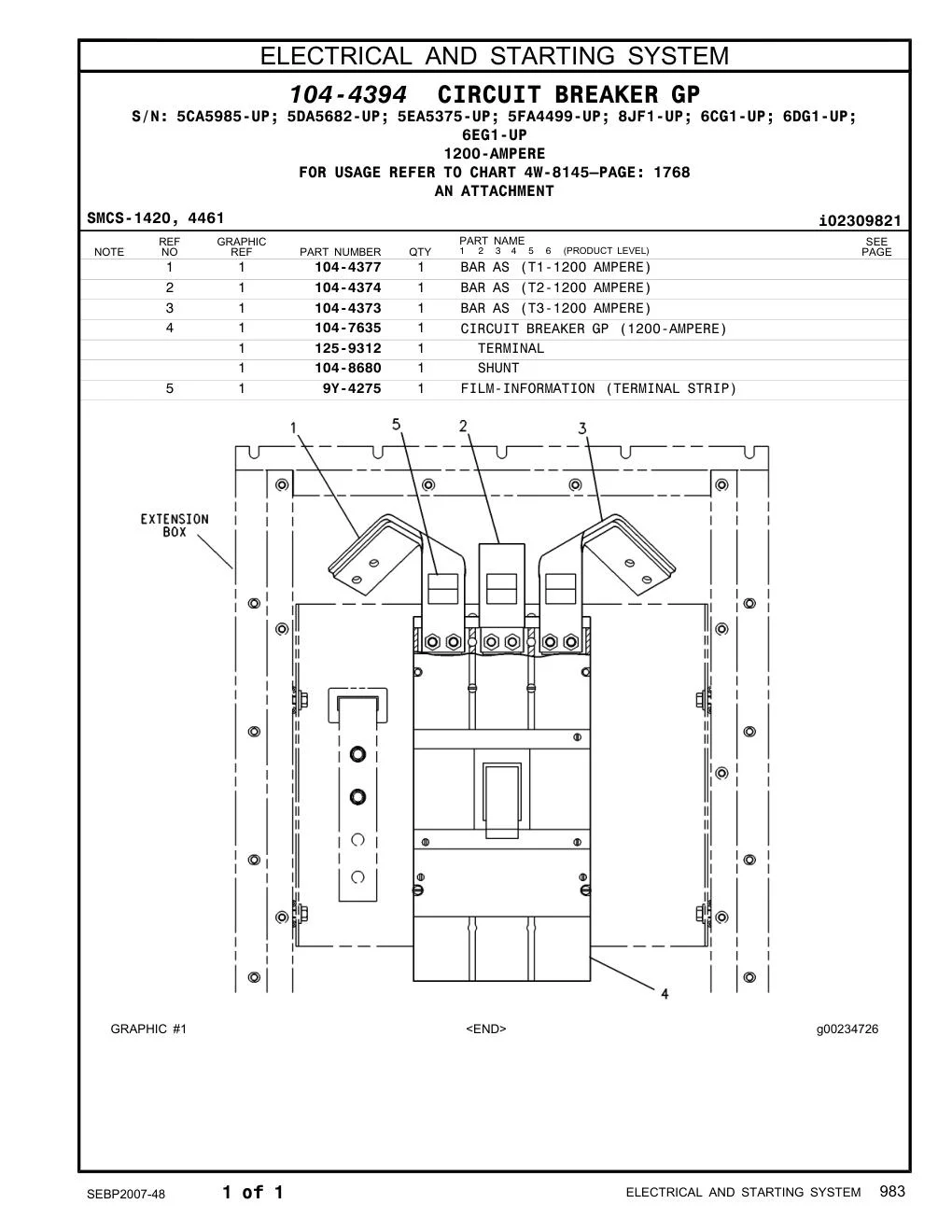 104-7635 CIRCUIT BREAKER GP (1200-AMPERE) CAT parts manual diagram