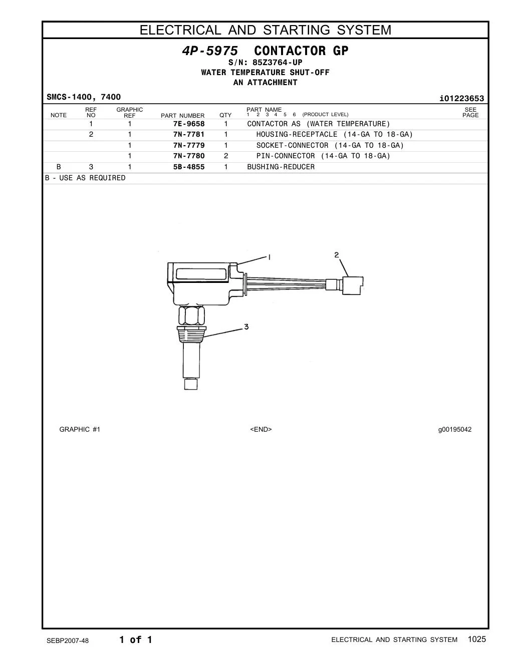 7E-9658 CONTACTOR AS (WATER TEMPERATURE) · S/N 85Z3764-UP CAT parts manual diagram