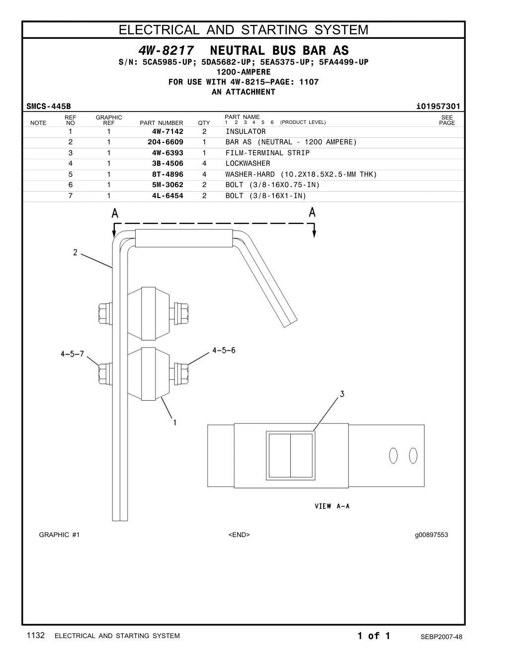204-6609 BAR AS (NEUTRAL - 1200 AMPERE) CAT parts manual diagram