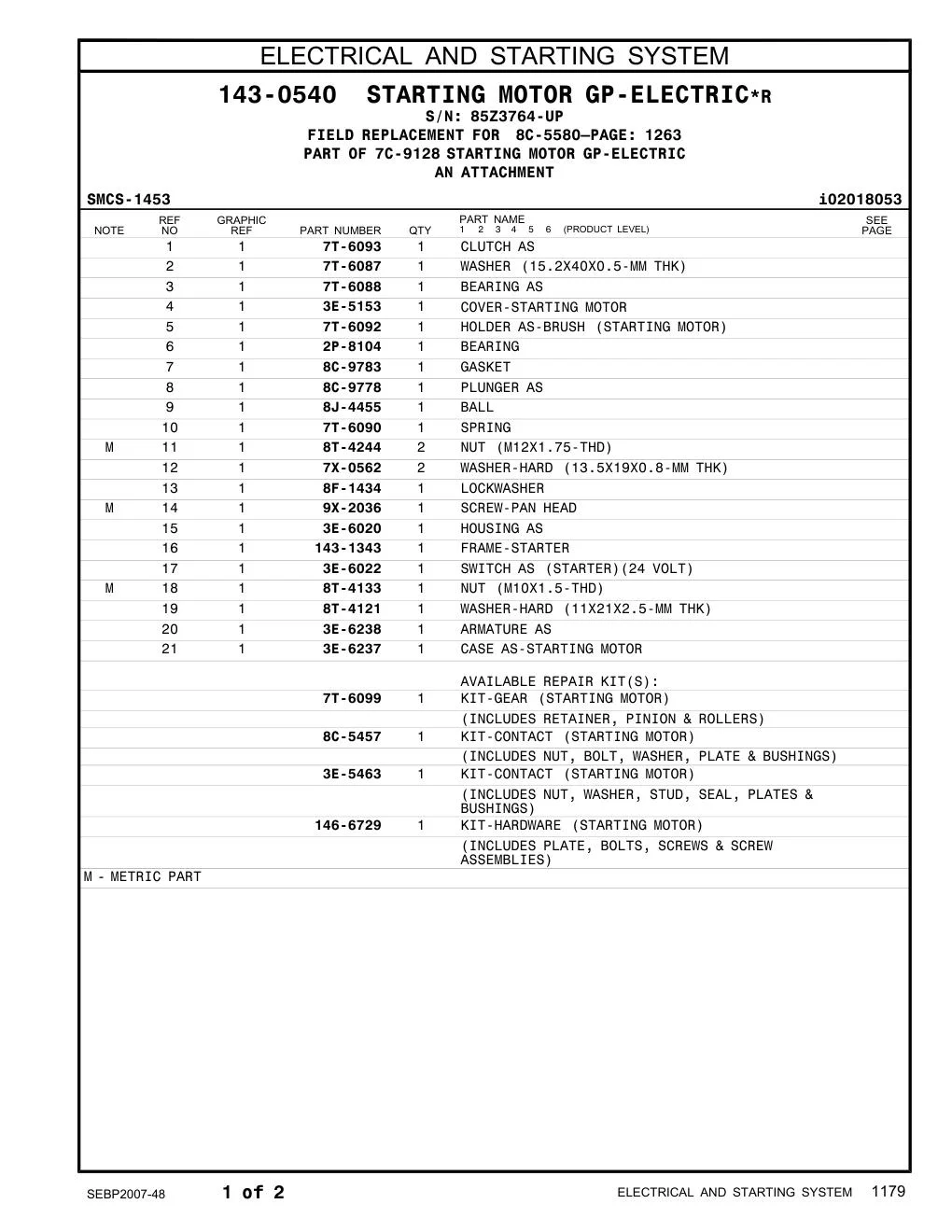143-1343 FRAME-STARTER · S/N 85Z3764-UP CAT parts manual diagram