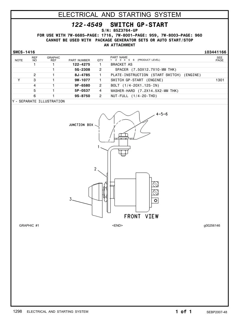 122-4275 BRACKET AS · S/N 85Z3764-UP CAT parts manual diagram