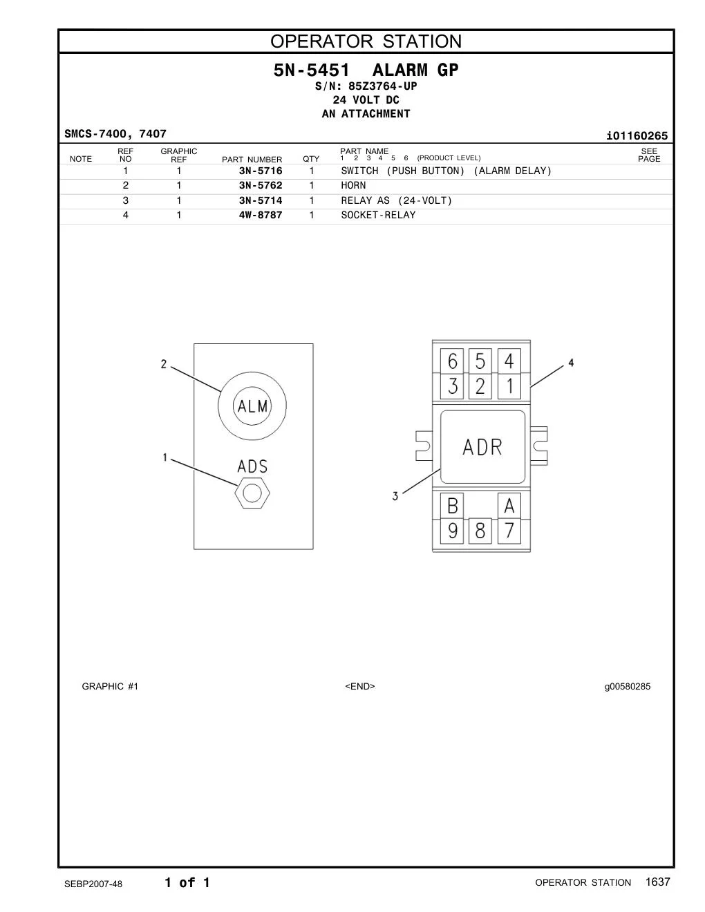 3N-5716 SWITCH (PUSH BUTTON) (ALARM DELAY) · S/N 85Z3764-UP CAT parts manual diagram
