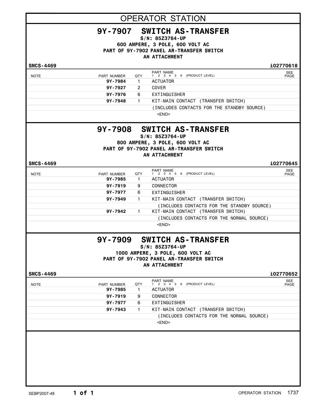 9Y-7948 - KIT-MAIN CONTACT (TRANSFER SWITCH) (INCLUDES CONTACTS FOR THE STANDBY SOURCE)