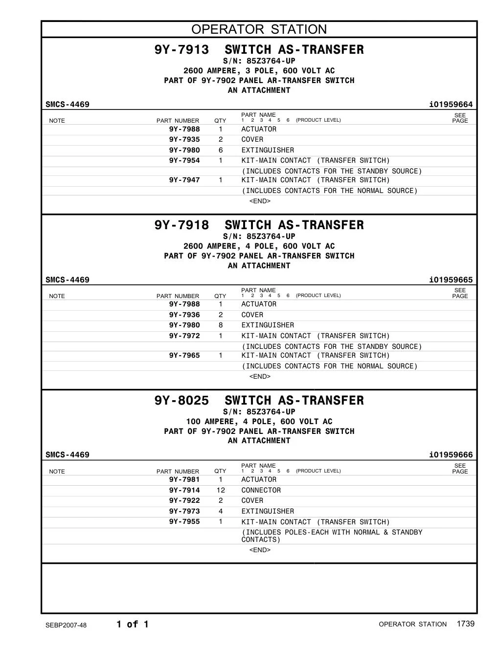 9Y-7947 - KIT-MAIN CONTACT (TRANSFER SWITCH) (INCLUDES CONTACTS FOR THE NORMAL SOURCE)