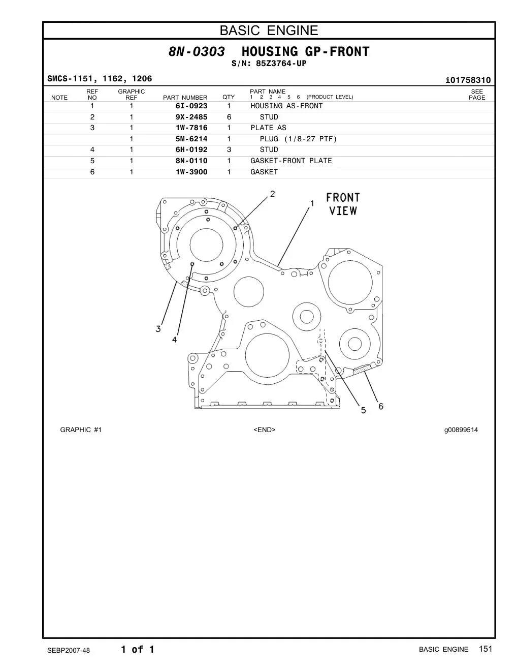 8N-0110 GASKET-FRONT PLATE · S/N 85Z3764-UP CAT parts manual diagram