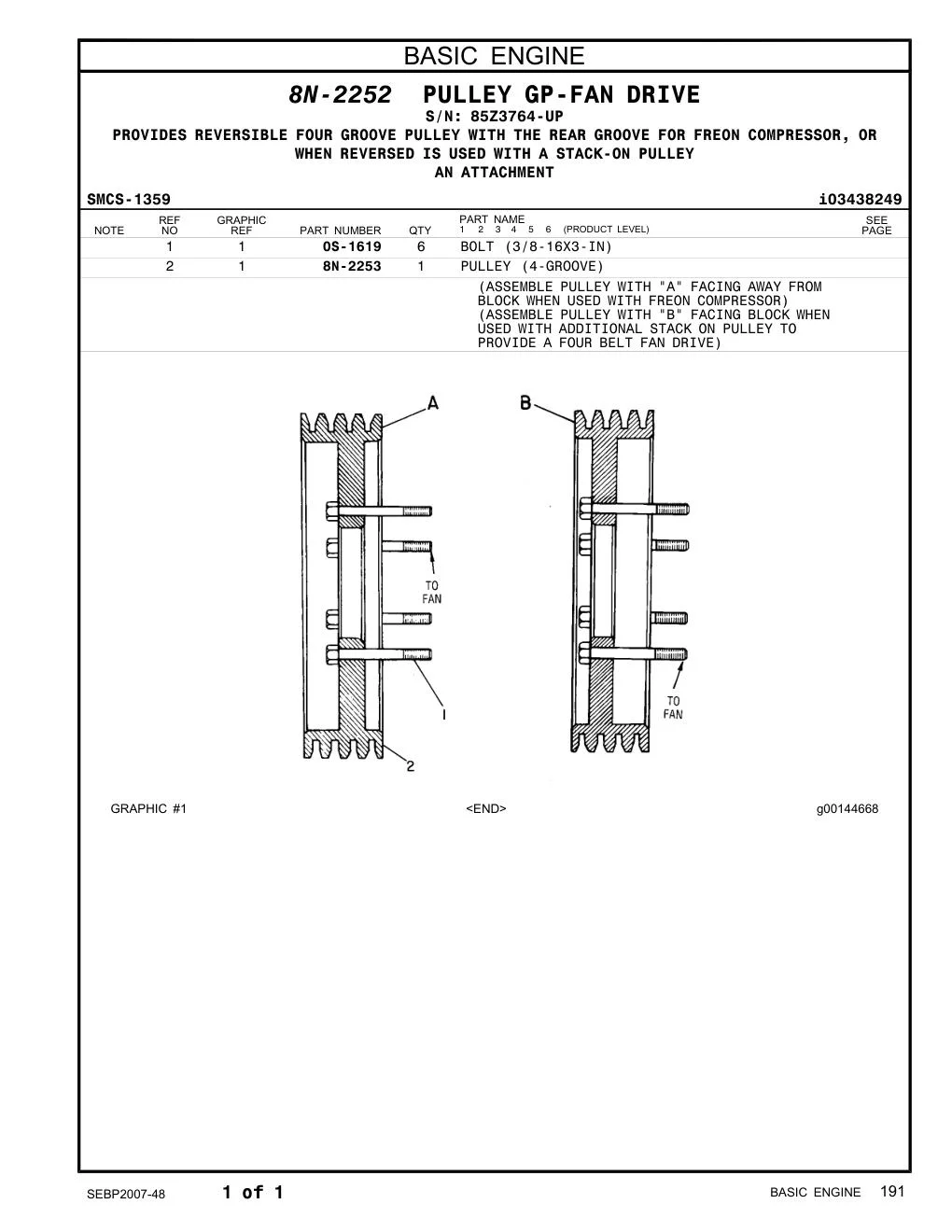 8N-2253 PULLEY (4-GROOVE) · S/N 85Z3764-UP CAT parts manual diagram