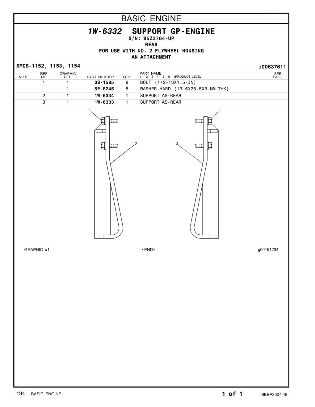 1W-6334 SUPPORT AS-REAR · S/N 85Z3764-UP CAT parts manual diagram