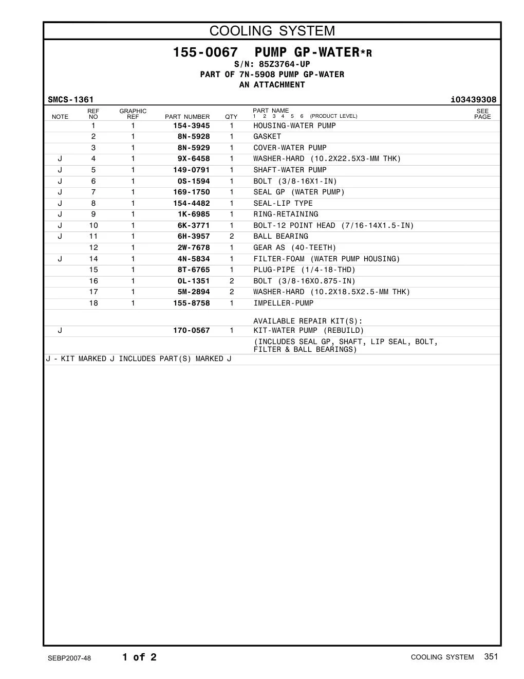 154-3945 HOUSING-WATER PUMP · S/N 85Z3764-UP CAT parts manual diagram