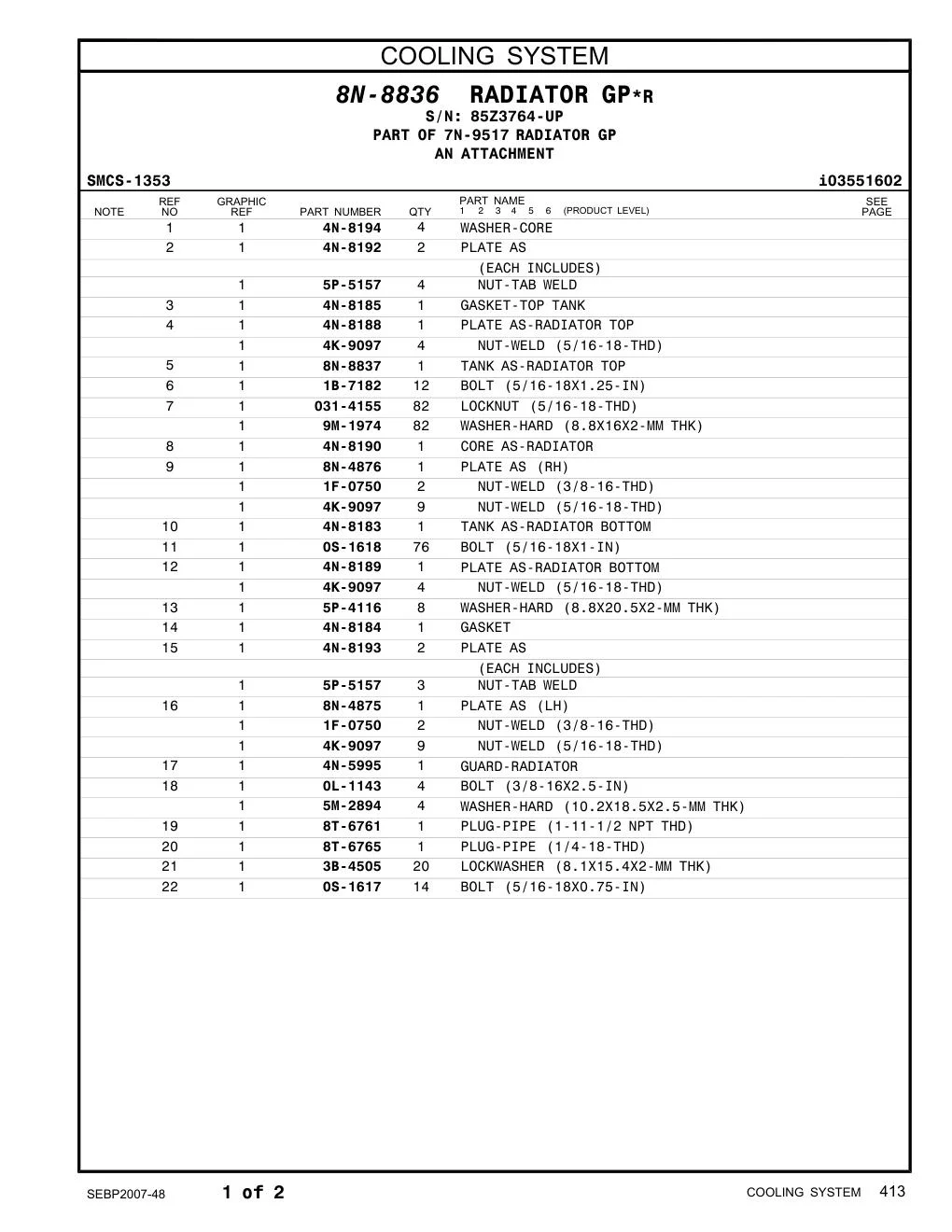 031-4155 LOCKNUT (5/16-18-THD) · S/N 85Z3764-UP CAT parts manual diagram