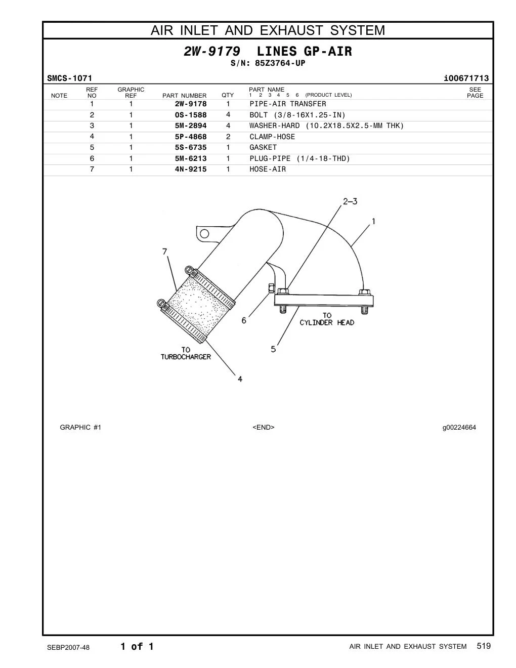 2W-9178 PIPE-AIR TRANSFER · S/N 85Z3764-UP CAT parts manual diagram