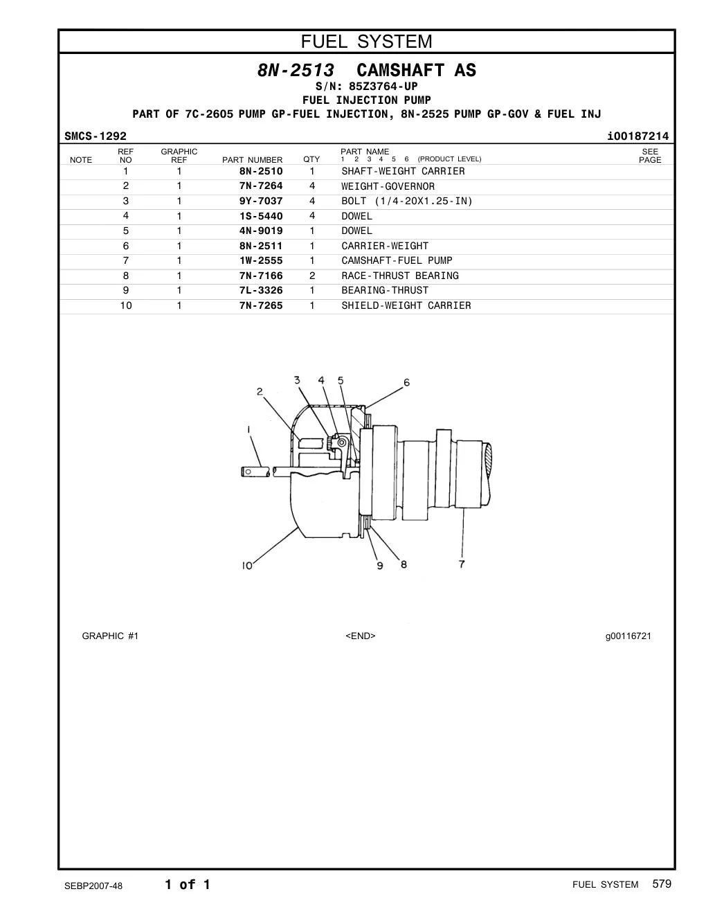 1W-2555 CAMSHAFT-FUEL PUMP · S/N 85Z3764-UP CAT parts manual diagram