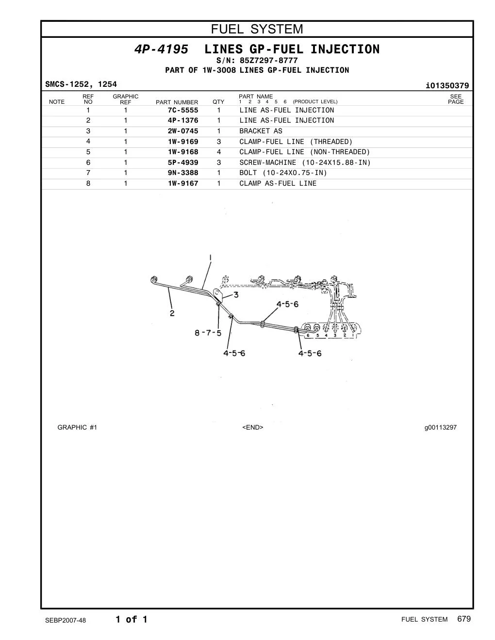 4P-1376 LINE AS-FUEL INJECTION · S/N 85Z7297-8777 CAT parts manual diagram