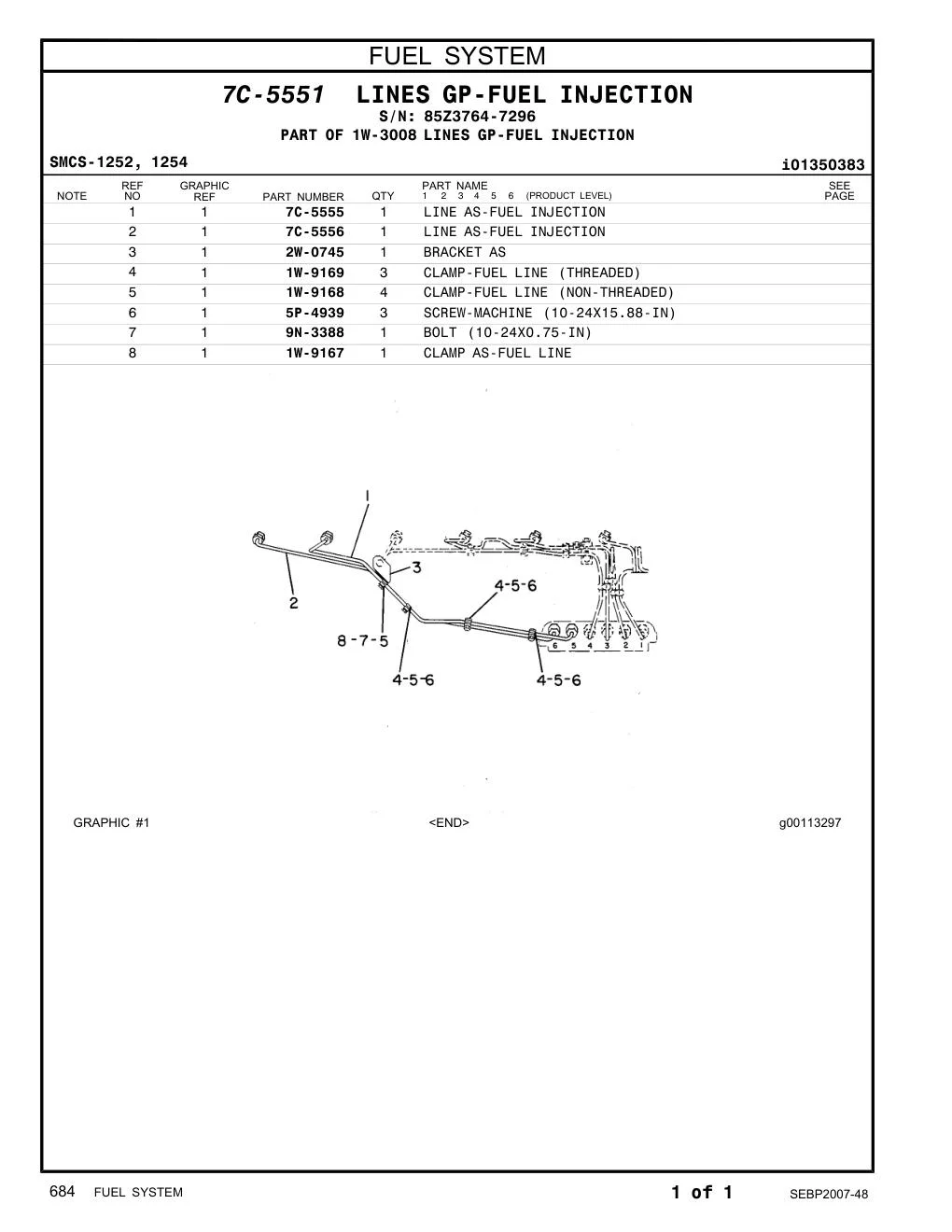 7C-5556 LINE AS-FUEL INJECTION · S/N 85Z3764-7296 CAT parts manual diagram