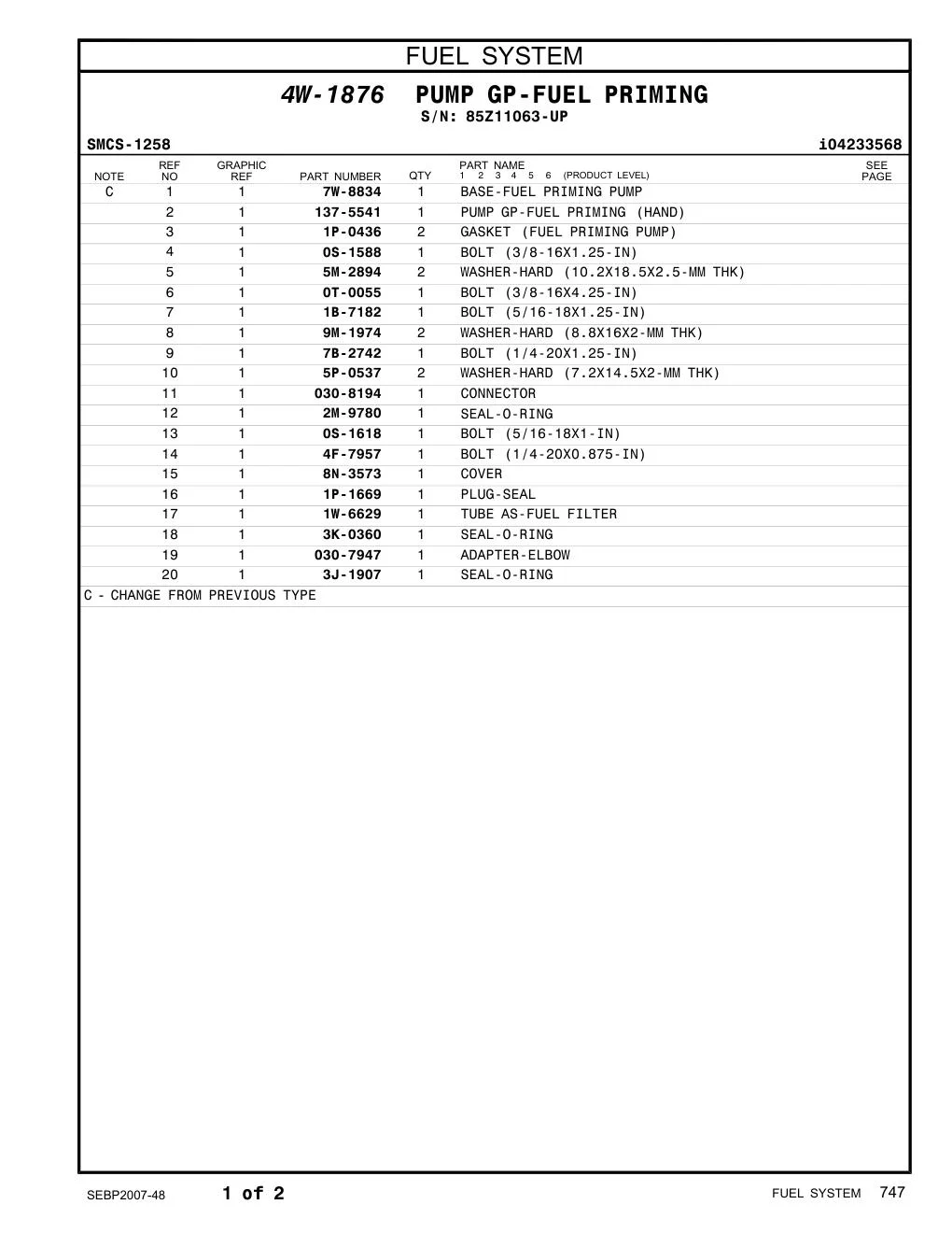137-5541 PUMP GP-FUEL PRIMING · S/N 85Z11063-UP CAT parts manual diagram