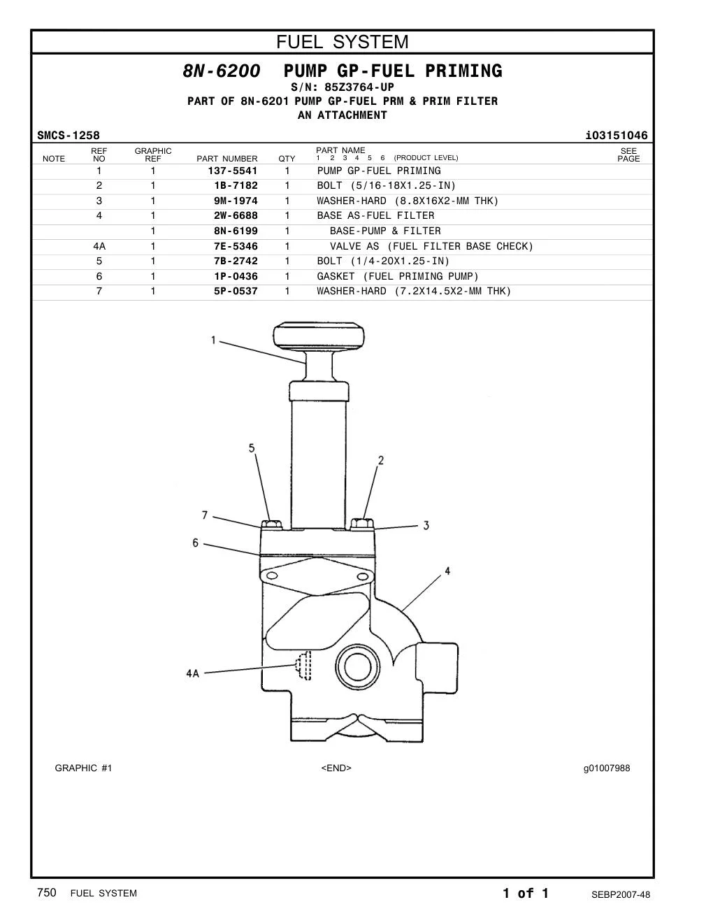 2W-6688 BASE AS-FUEL FILTER · S/N 85Z3764-UP CAT parts manual diagram