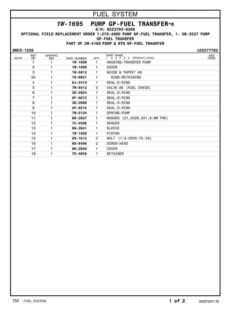 1W-1698 HOUSING-TRANSFER PUMP · S/N 85Z3764-6266 CAT parts manual diagram