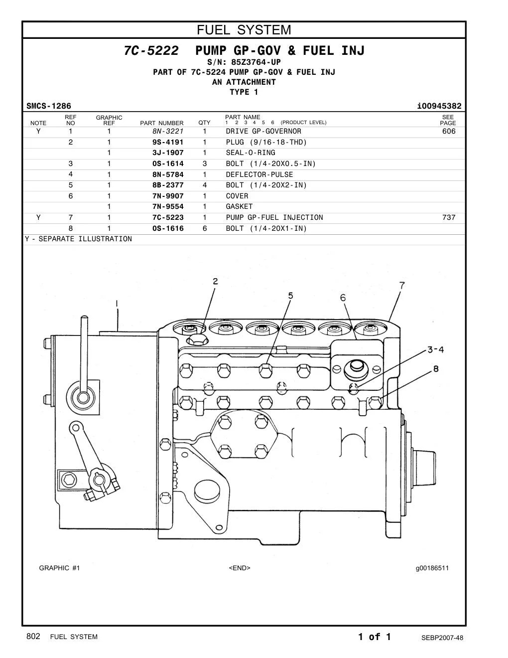 7C-5223 PUMP GP-FUEL INJECTION · S/N 85Z3764-UP CAT parts manual diagram