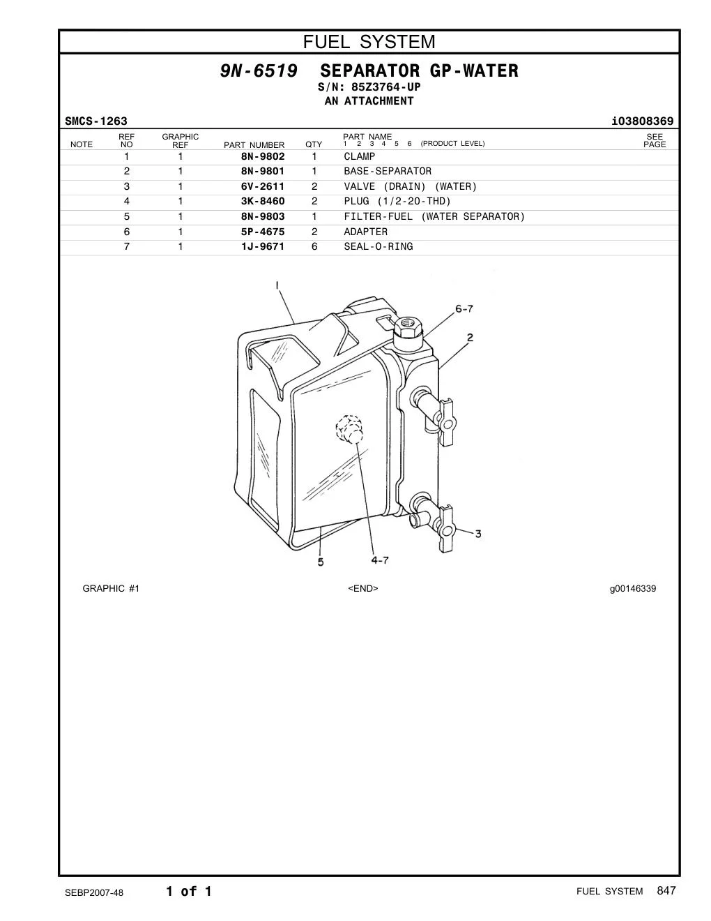 6V-2611 VALVE (DRAIN) (WATER) · S/N 85Z3764-UP CAT parts manual diagram