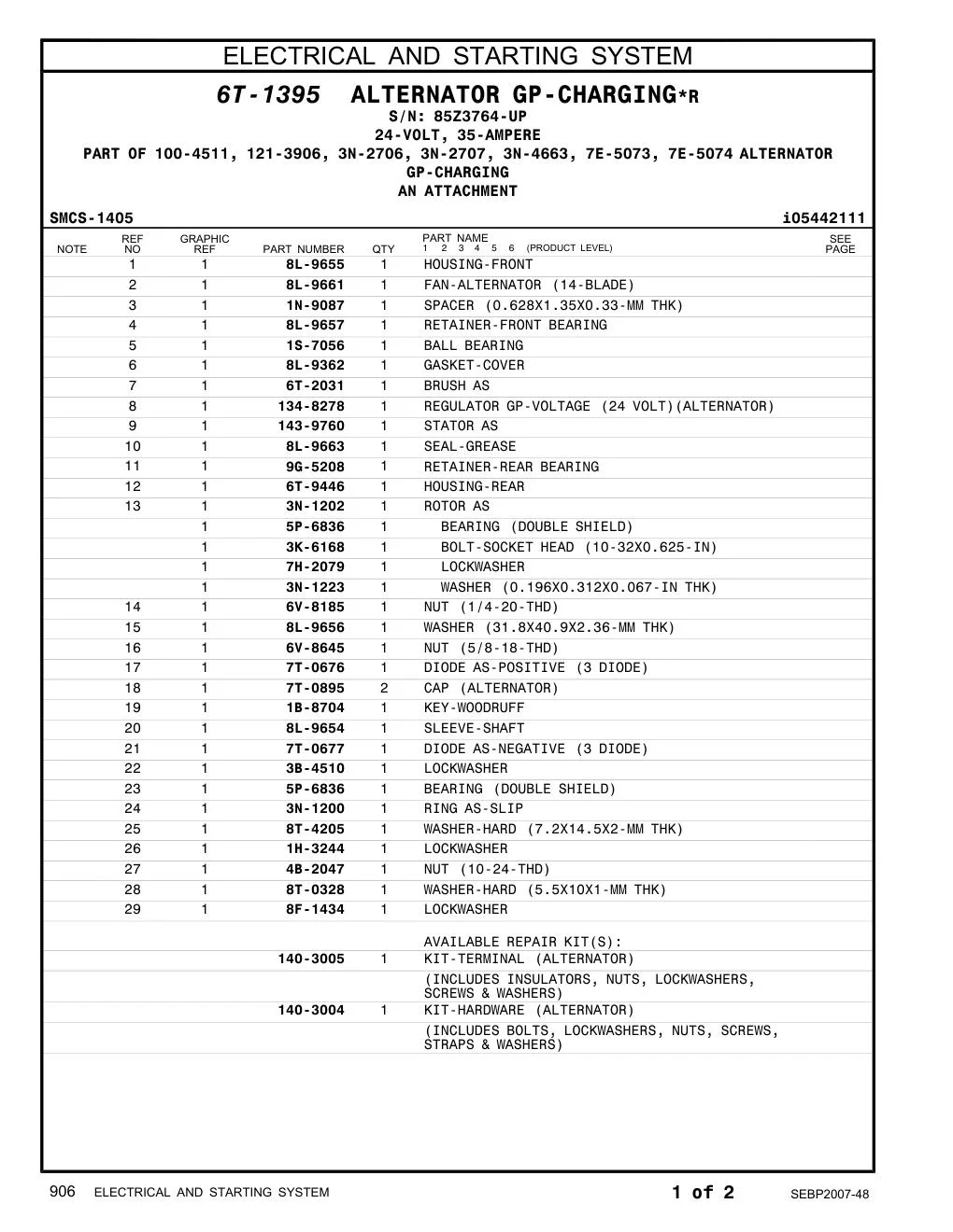 134-8278 REGULATOR GP-VOLTAGE (24 VOLT)(ALTERNATOR) · S/N 85Z3764-UP CAT parts manual diagram