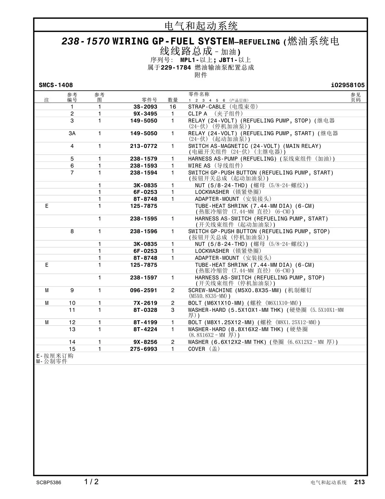 238-1596 SWITCHGP-PUSH BUTTON(REFUELINGPUMP, STOP) · S/N MPL1- CAT parts manual diagram