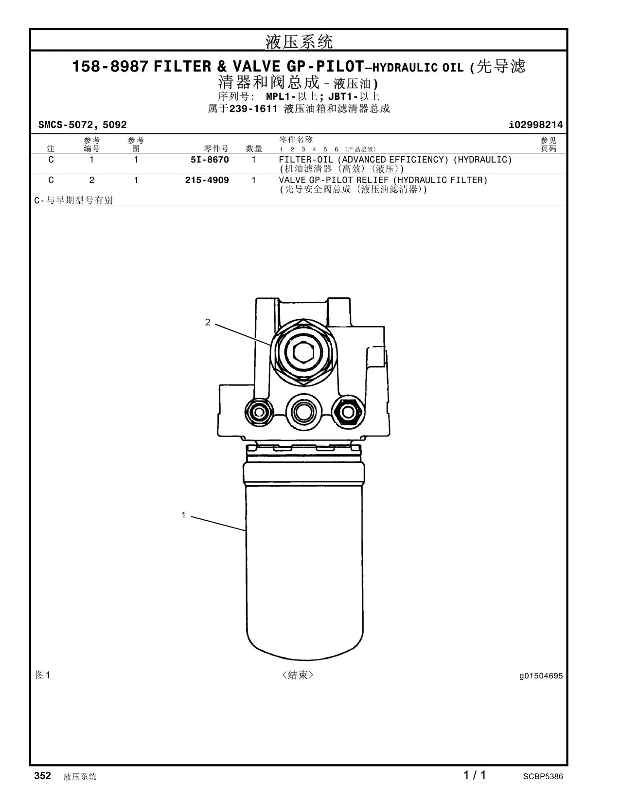 5I-8670 - FILTER-OIL (ADVANCED EFFICIENCY) (HYDRAULIC) ) (