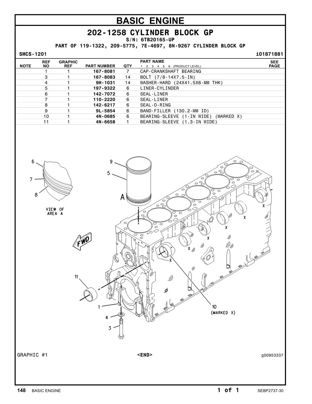 167-8081 CAP-CRANKSHAFT BEARING · S/N 6TB20165-UP CAT parts manual diagram