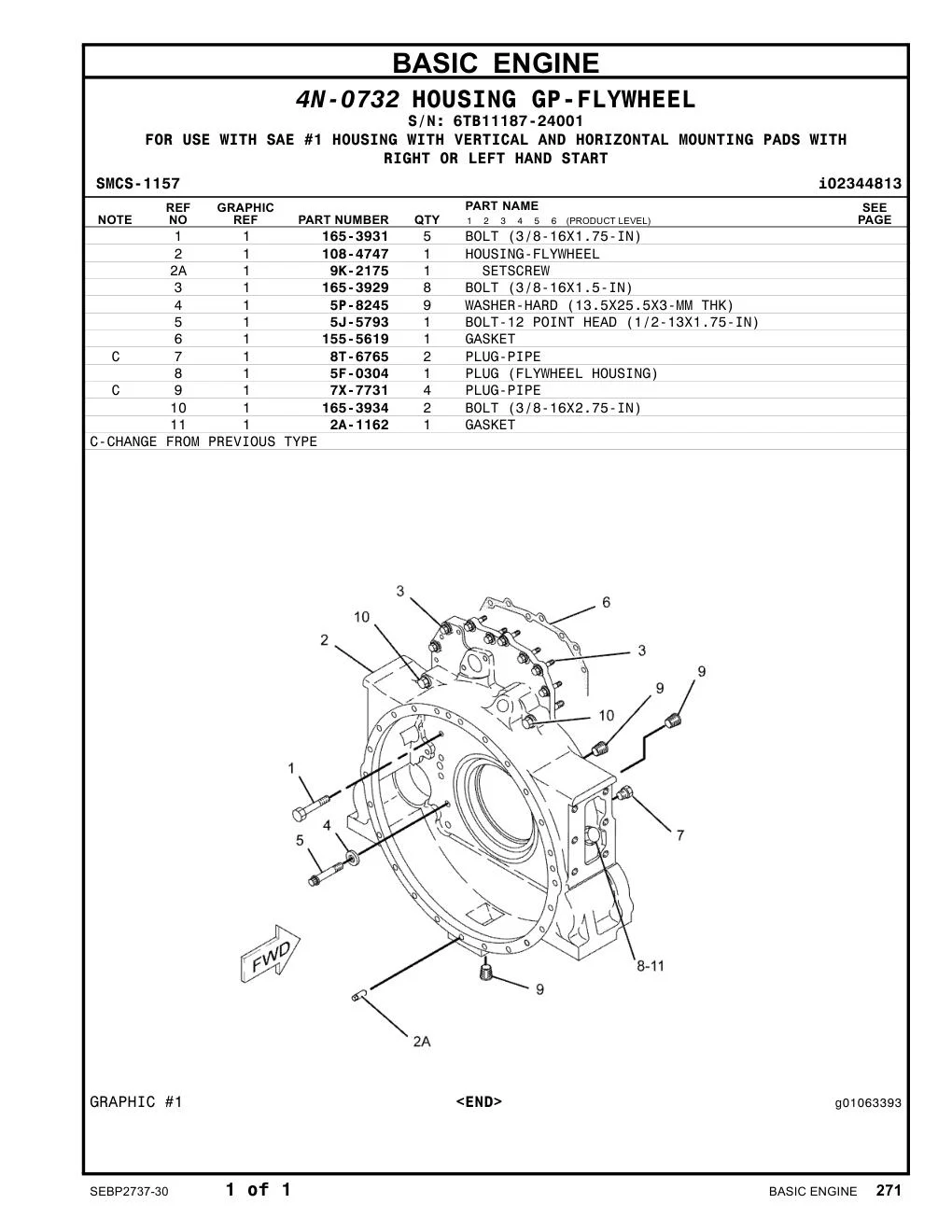165-3929 BOLT (3/8-16X1.5-IN) · S/N 6TB11187-24001 CAT parts manual diagram