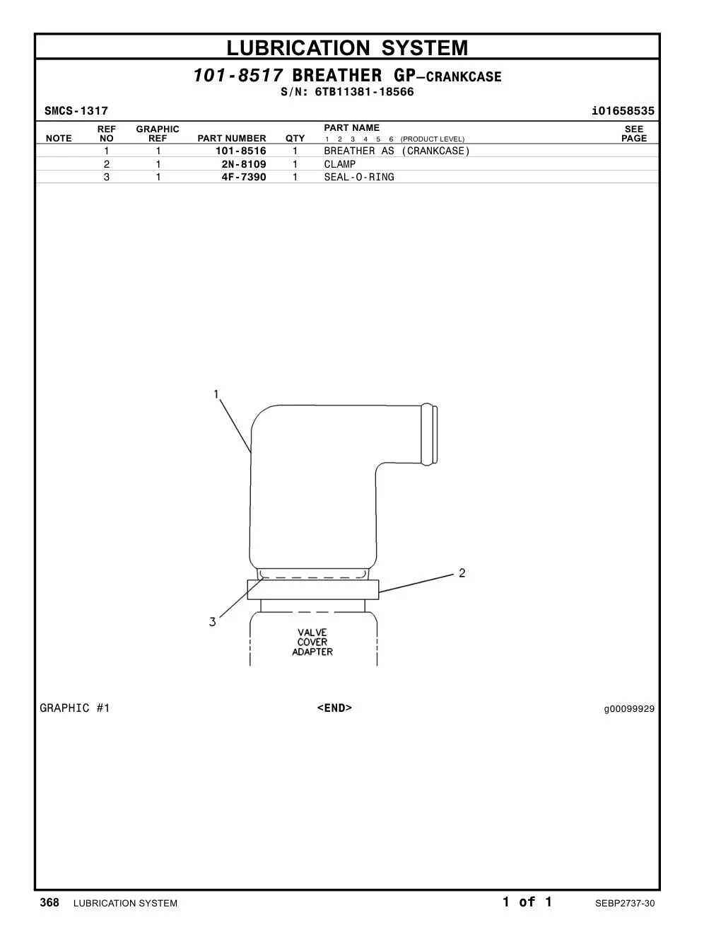 101-8516 BREATHER AS (CRANKCASE) · S/N 6TB11381-18566 CAT parts manual diagram
