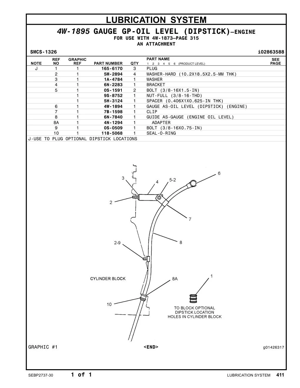 4W-1894 GAUGE AS-OIL LEVEL (DIPSTICK) (ENGINE) CAT parts manual diagram