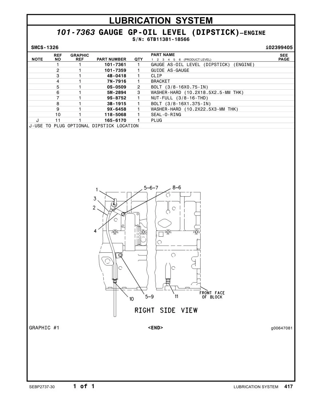 101-7359 GUIDE AS-GAUGE · S/N 6TB11381-18566 CAT parts manual diagram