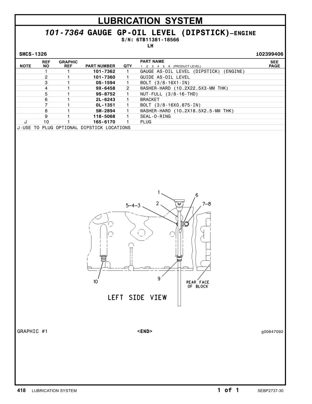 101-7360 GUIDE AS-OIL LEVEL · S/N 6TB11381-18566 CAT parts manual diagram