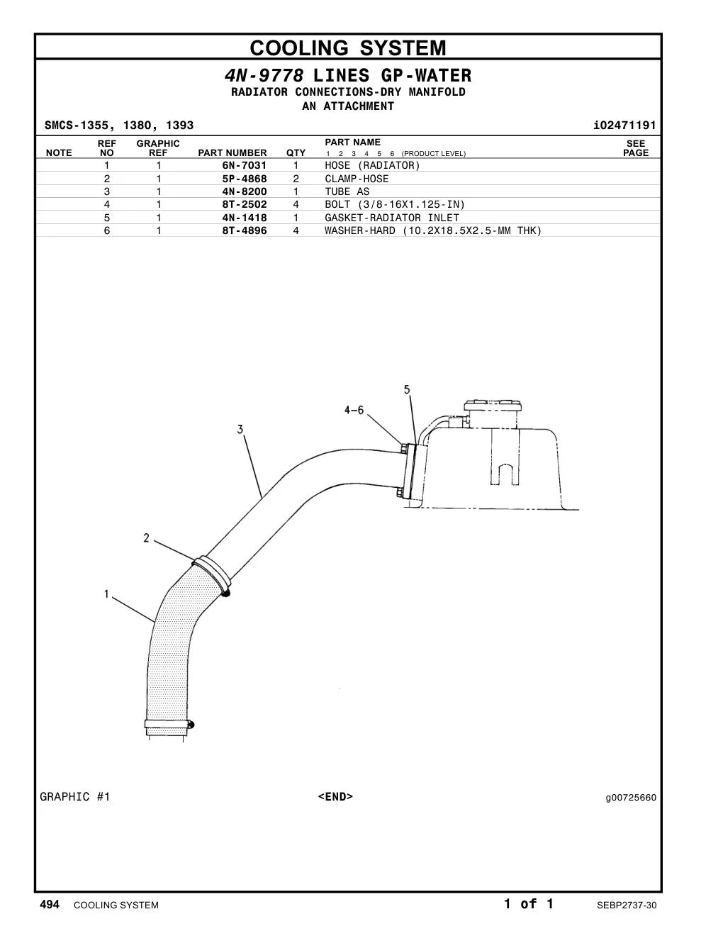 4N-1418 GASKET-RADIATOR INLET CAT parts manual diagram