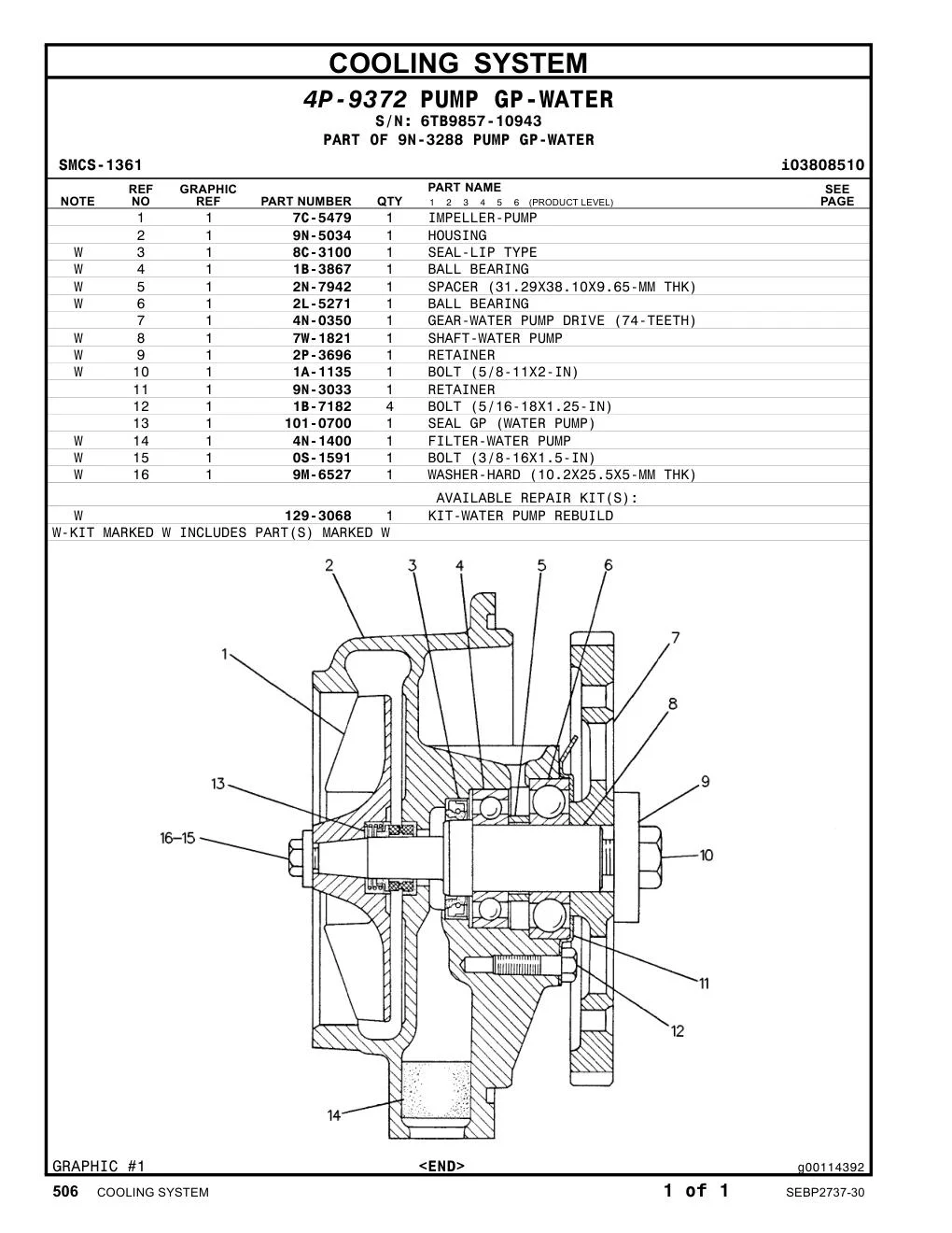 4N-0350 GEAR-WATER PUMP DRIVE (74-TEETH) · S/N 6TB9857-10943 CAT parts manual diagram
