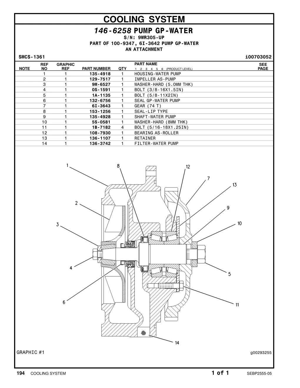 135-4928 SHAFT-WATER PUMP · S/N 9WR305-UP CAT parts manual diagram