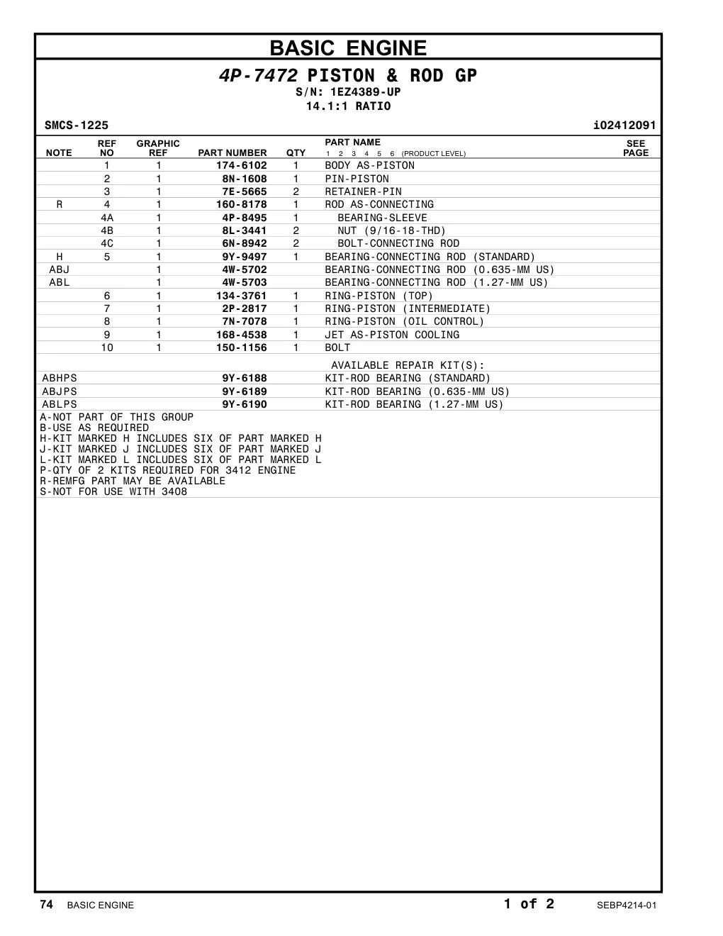 174-6102 BODY AS-PISTON · S/N 1EZ4389-UP CAT parts manual diagram
