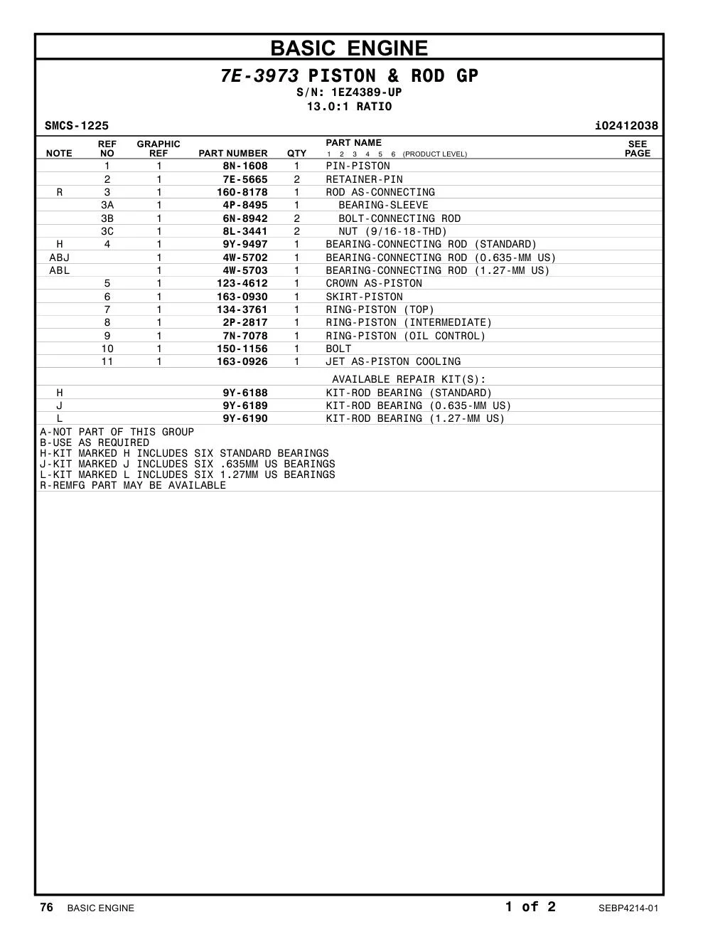 123-4612 CROWN AS-PISTON · S/N 1EZ4389-UP CAT parts manual diagram