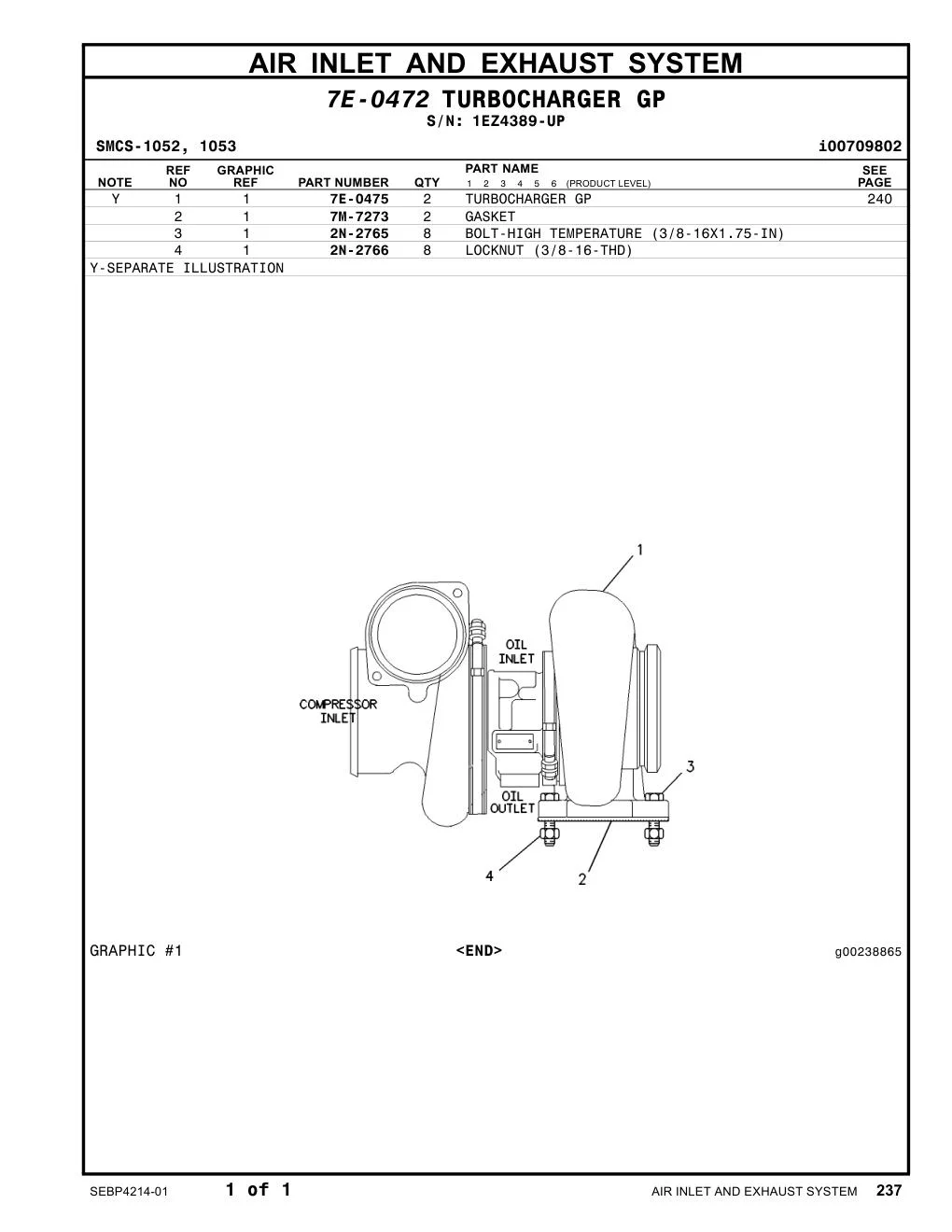 7E-0475 TURBOCHARGER GP · S/N 1EZ4389-UP CAT parts manual diagram
