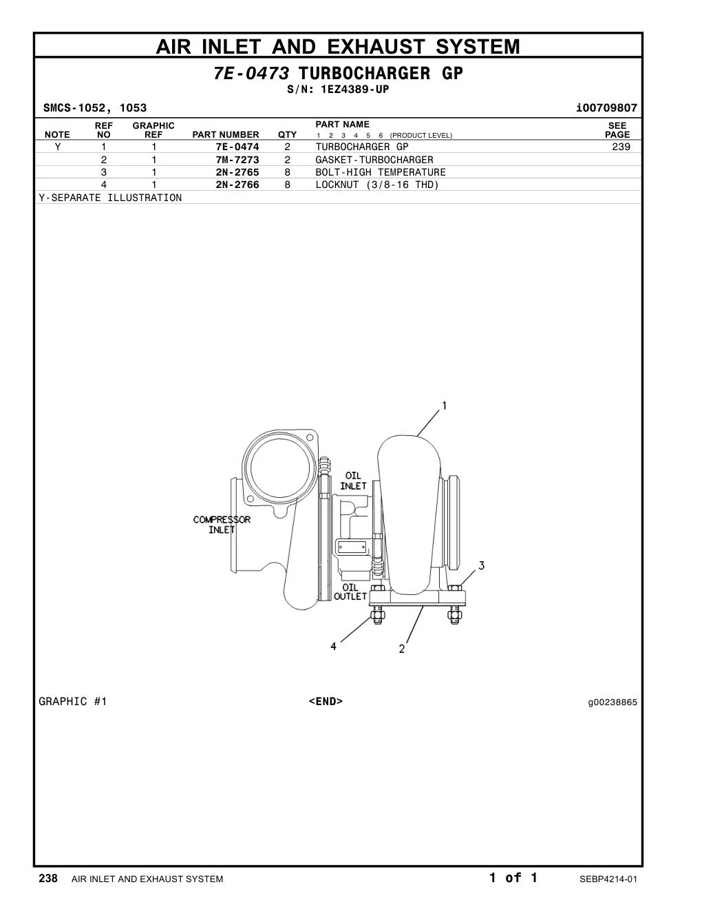 7E-0474 TURBOCHARGER GP · S/N 1EZ4389-UP CAT parts manual diagram